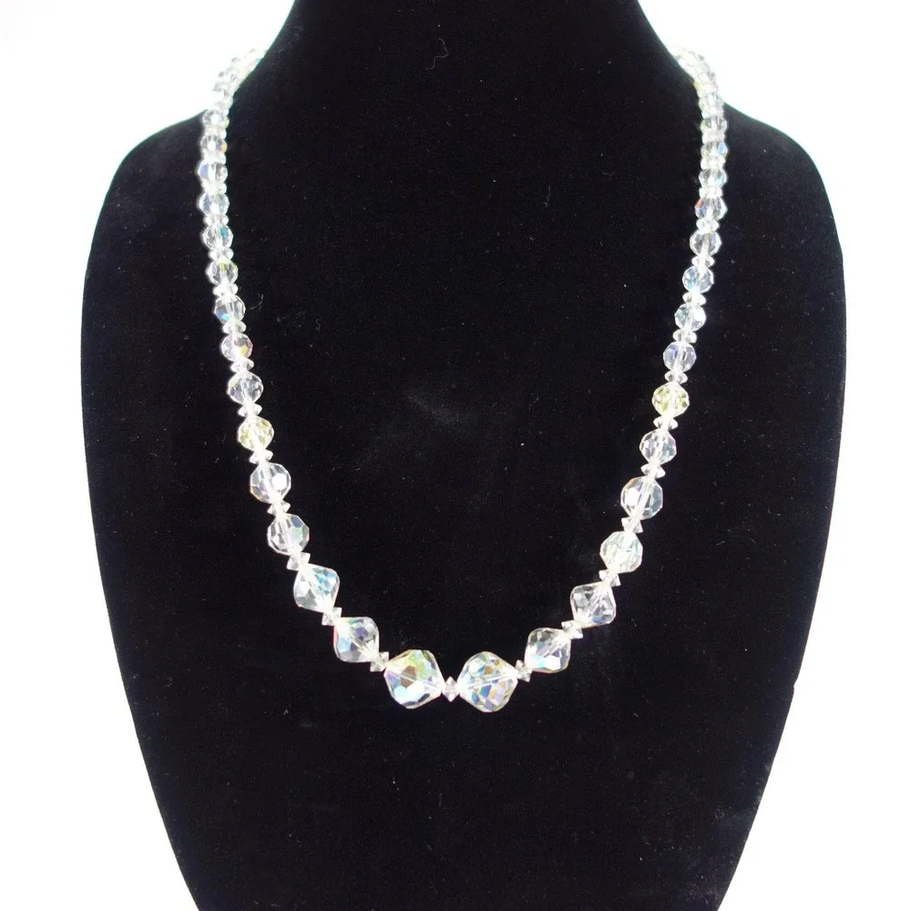 Vintage Aurora Borealis Crystal Graduated Beaded Necklace 20 Inch Clear AB